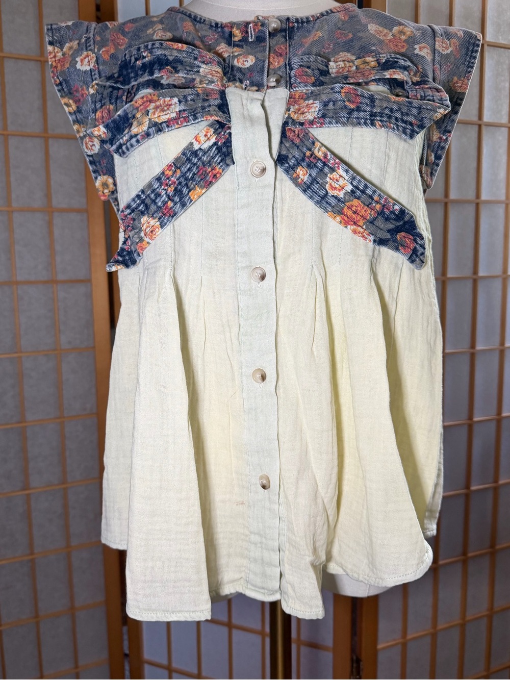 BiBi Cream Button-Front Top with Navy Floral Yoke